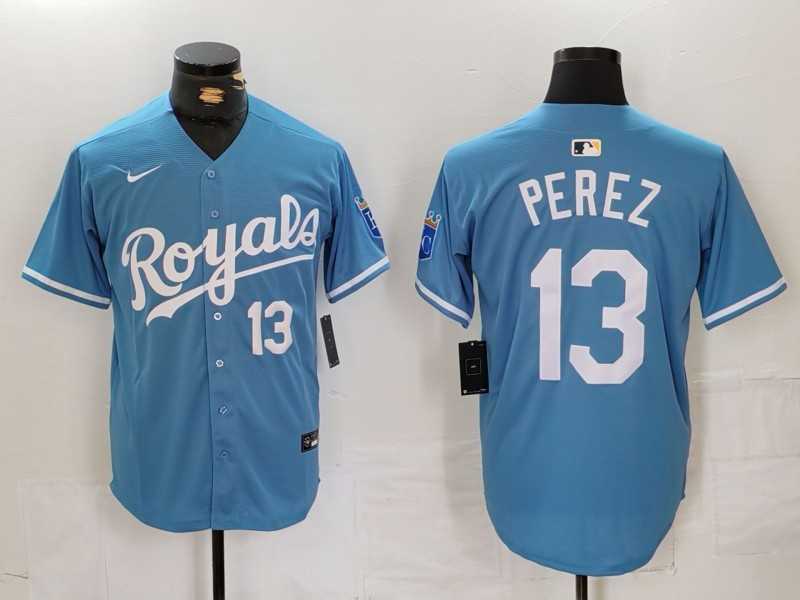 Mens Kansas City Royals #13 Salvador Perez Number Light Blue Cool Base Stitched Jersey